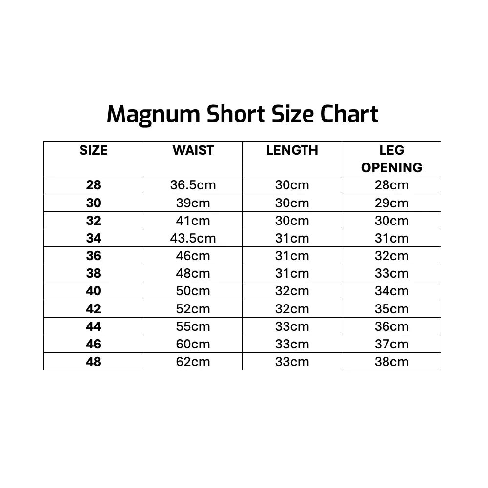 Men's Magnum Shorts Size Chart