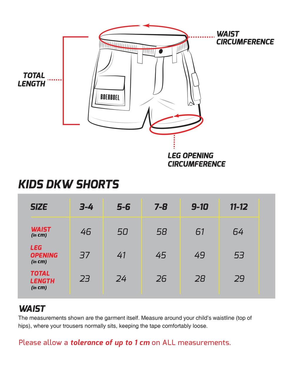 Kids DKW Shorts Size Chart