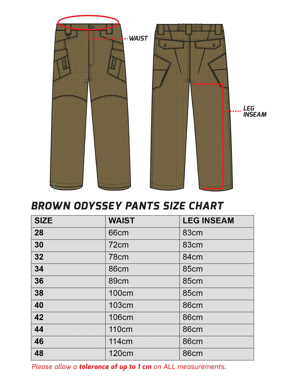 Men's Odyssey Cargo Pants Size Chart