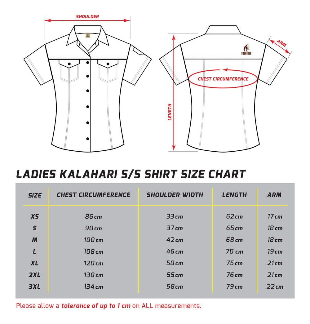 Ladies S/S Kalahari Shirt Size Chart