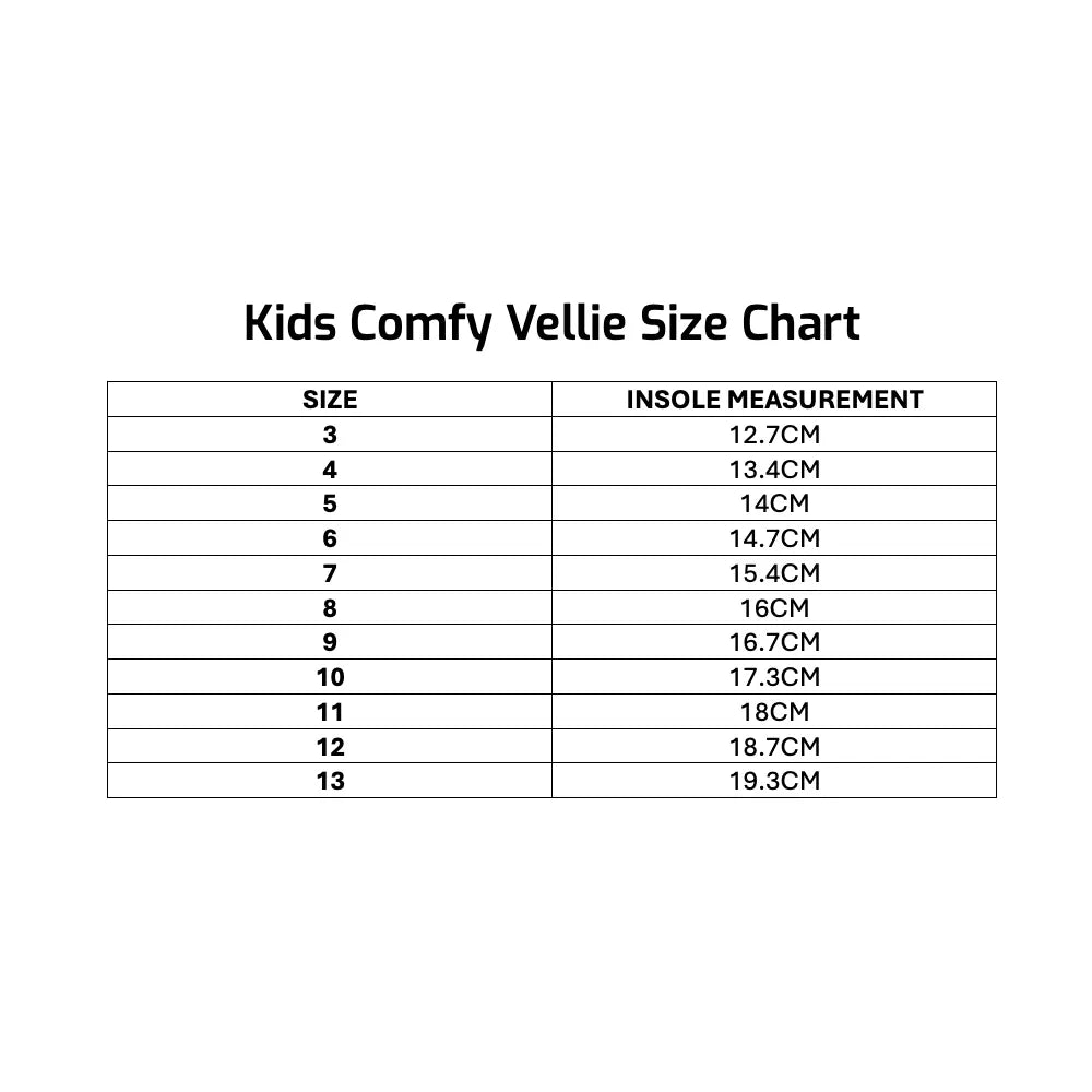 Kids Comfy Vellie Junior Size Chart