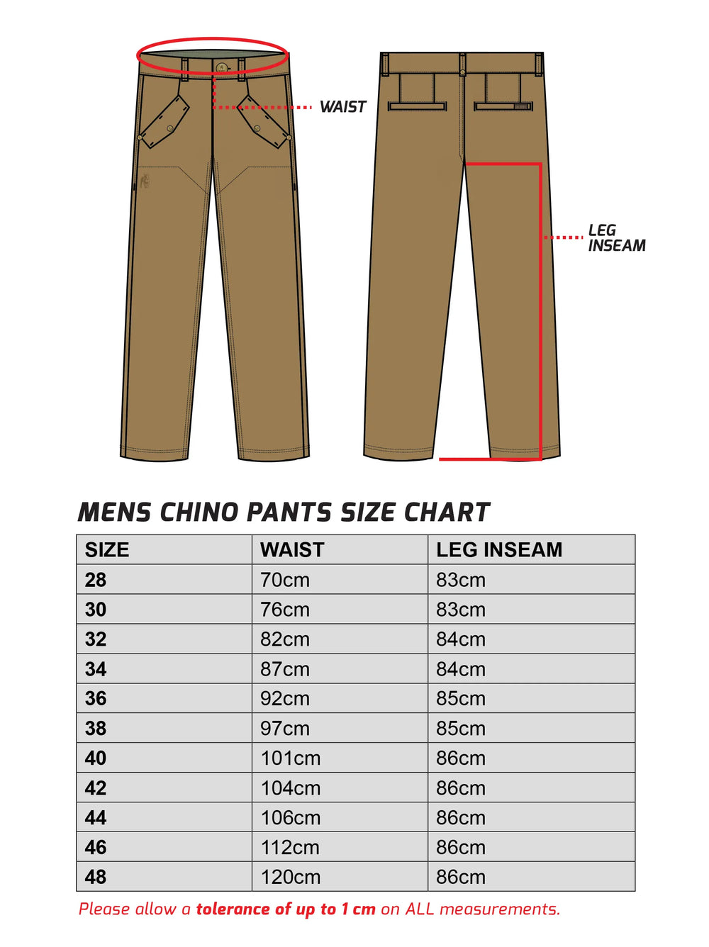 Men's Chino Pants Size Chart