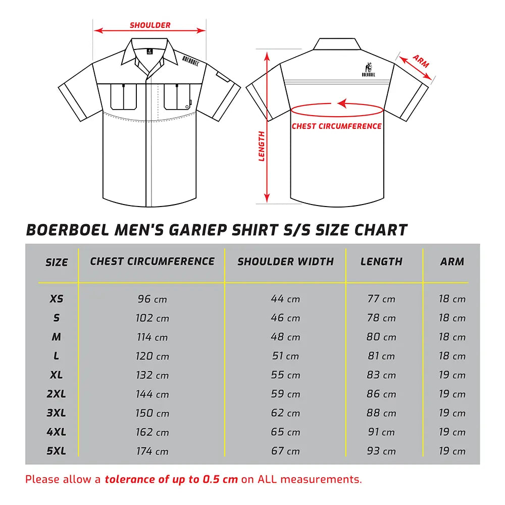 Men's Gariep Shirt S/S Size Chart