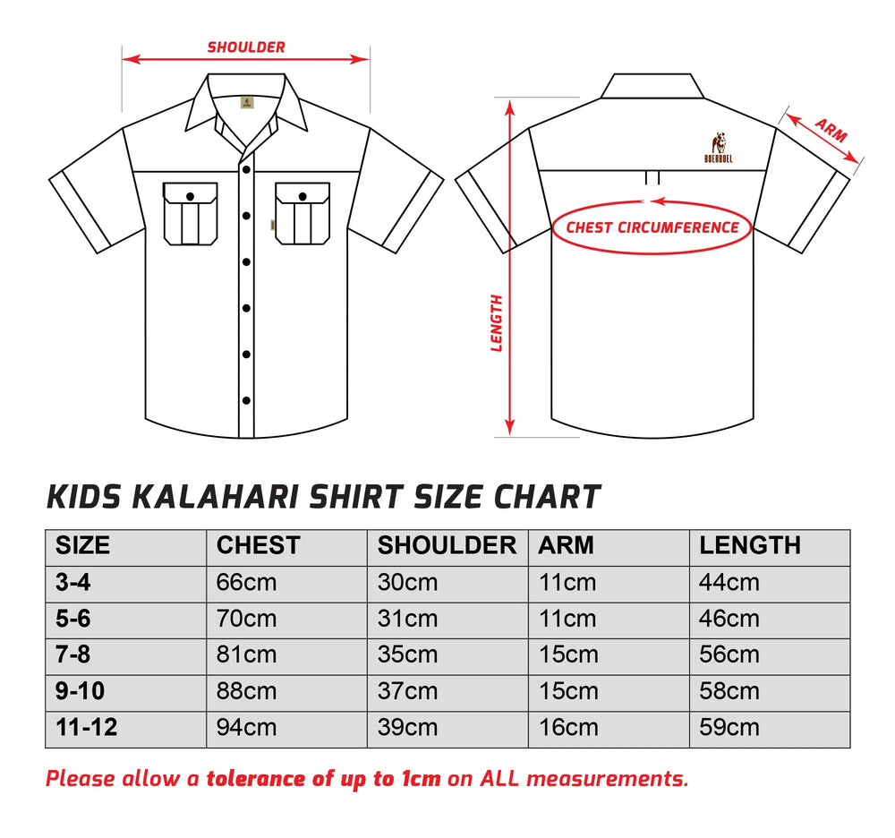 Kids S/S Kalahari Shirt Size Chart