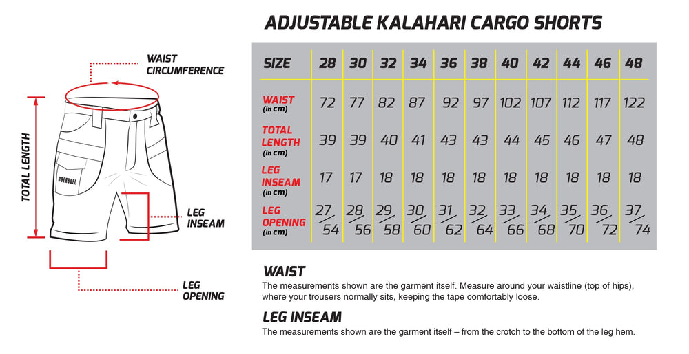 Men's Adjustable Kalahari Shorts Size Chart